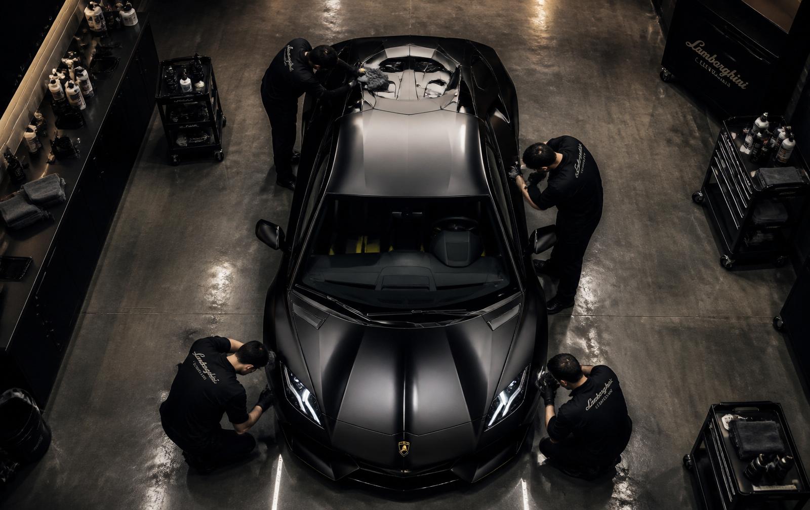 Aufsicht auf die R.O.M. Detailing-Bucht mit Lamborghini